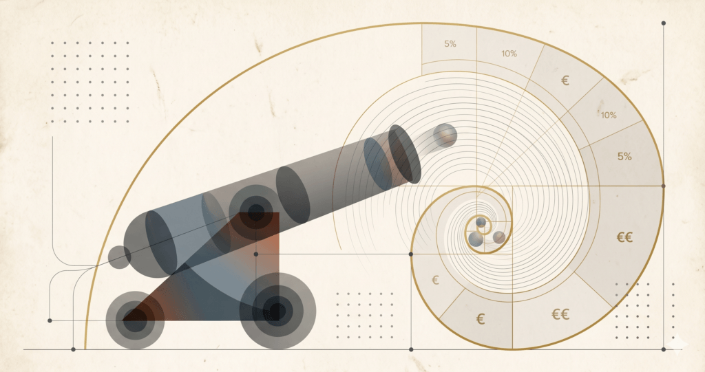 Um canhão apontado ao centro de uma espiral de Fibonacci.