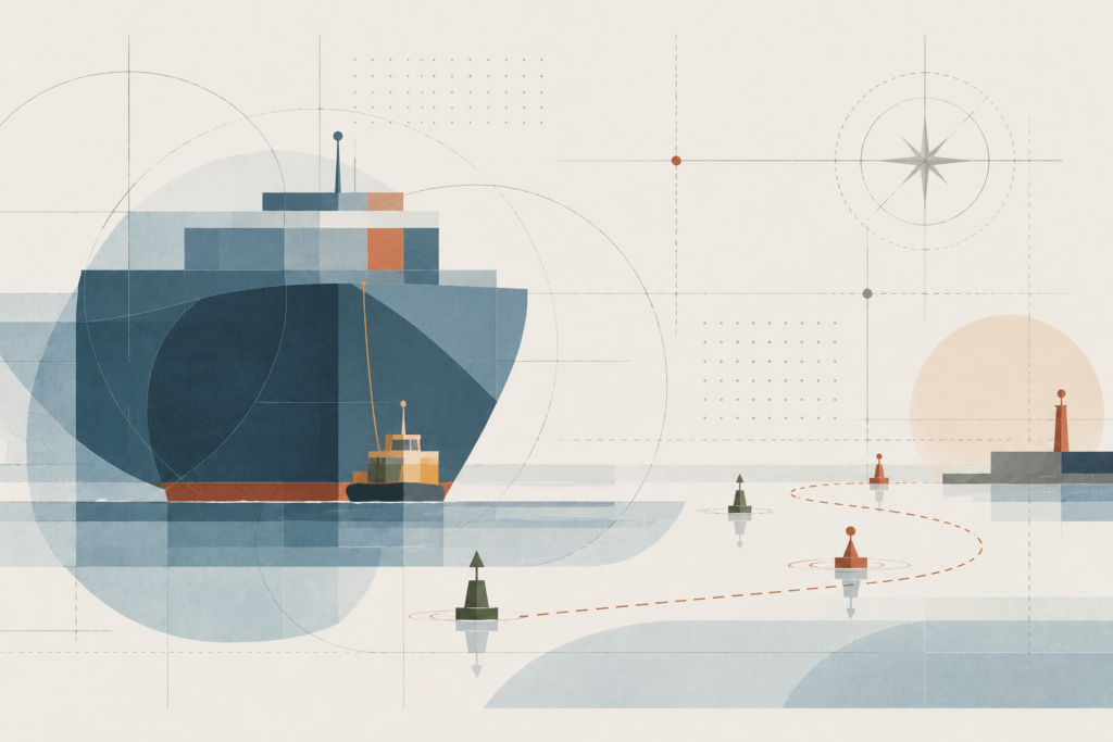 Ilustração geométrica de um navio de grande porte com um pequeno barco-piloto ao lado, ligados por uma linha fina, e uma rota tracejada entre bóias.